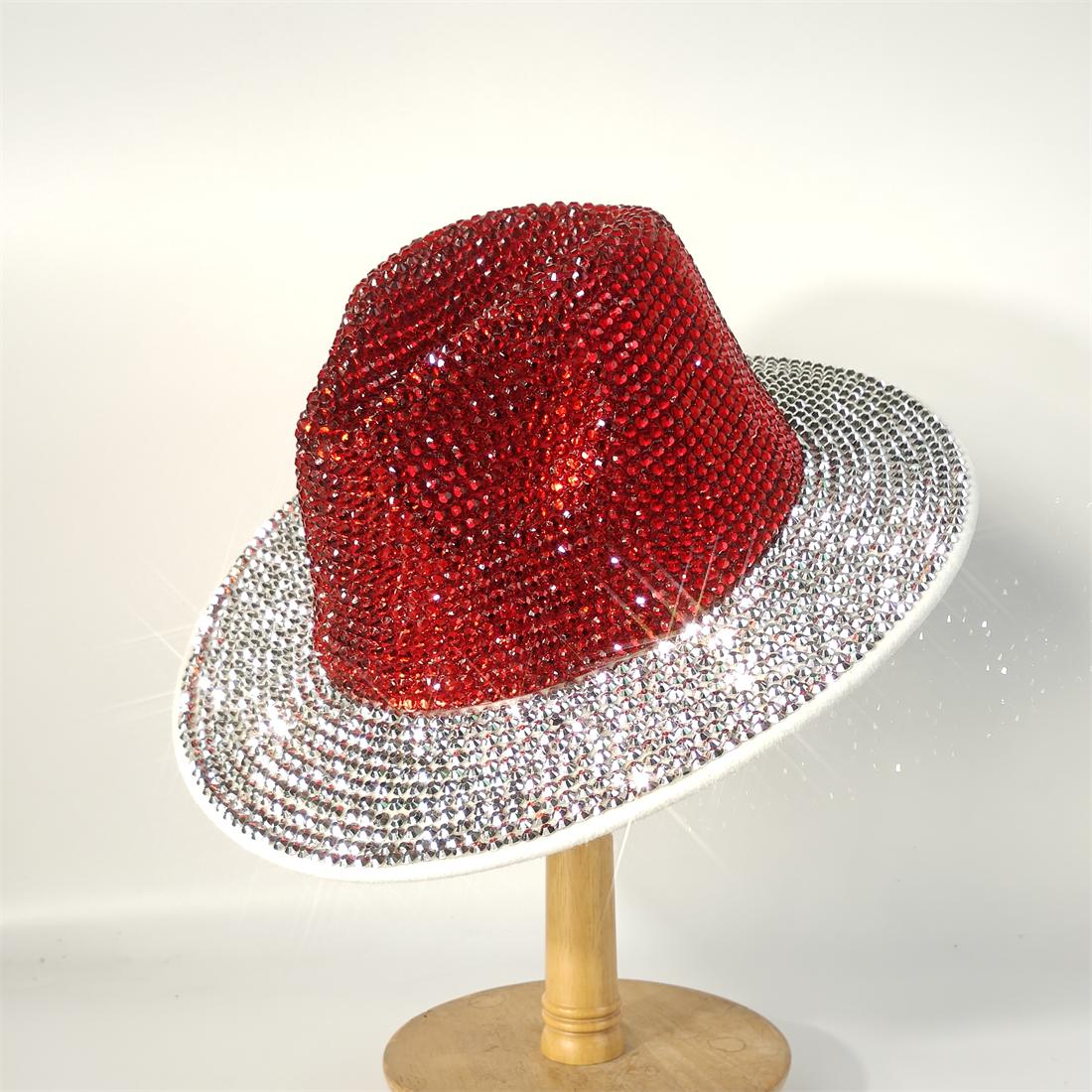 

Super Sparkly Cowboy Hat with Rhinestones Under the Lights Red/white Fedora Hat Stage Banquet Hat Fashionable Handmade Hat 56-58cm