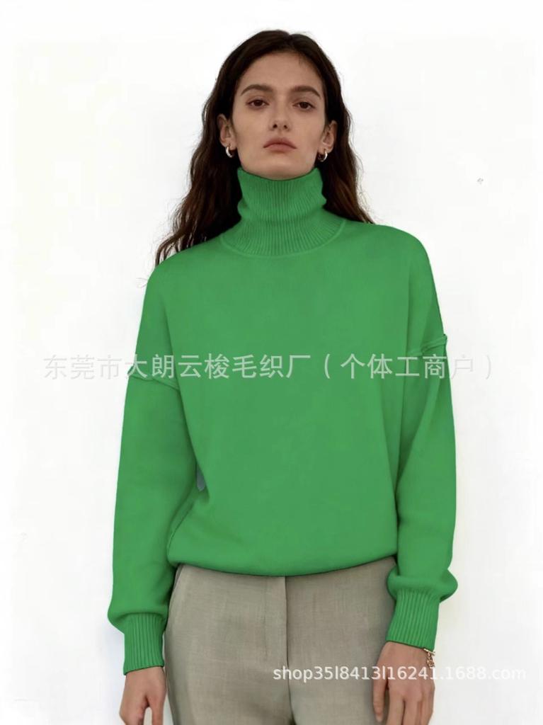 2025 European & American High Neck Solid Color Loose Knit Sweater - Women's Autumn/Winter Fashion