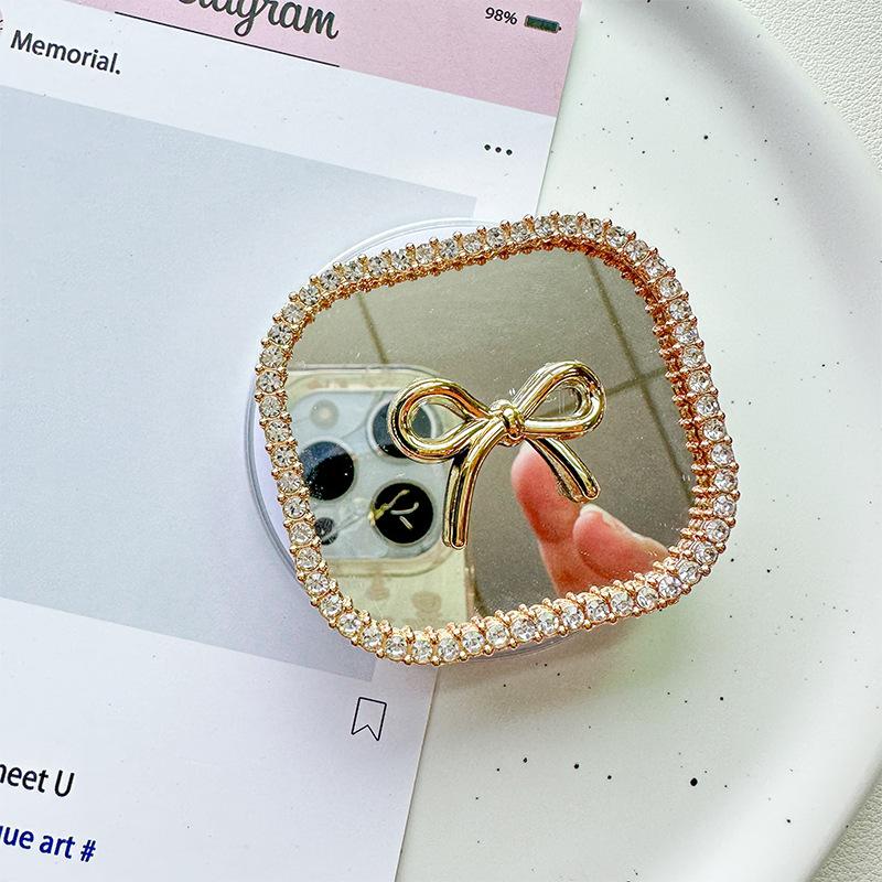 Rhinestone Bow Love Round Flower Mirror Mobile Phone Airbag Holder Magnetic Retractable Desktop Support Holder