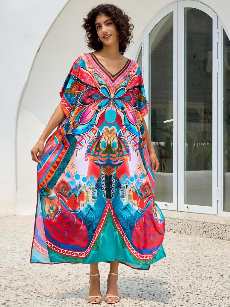 European & American Cotton Print Beach Cover-Up Long Dress - Plus Size Swimsuit Sunscreen Robe