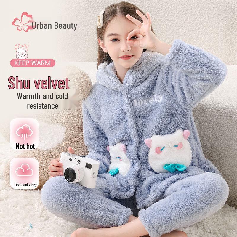 Теплый зимний плюшевый комплект пижамы для девочек 140