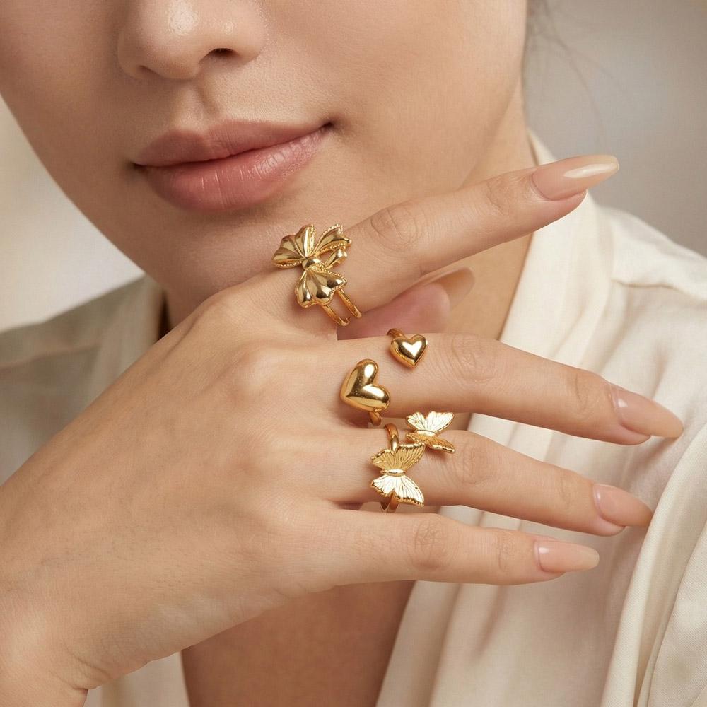 Open Adjustable Butterfly Heart Ring for Women, Hypoallergenic Stainless Steel Gold Color Aesthetic Fashion Jewellry Accessories