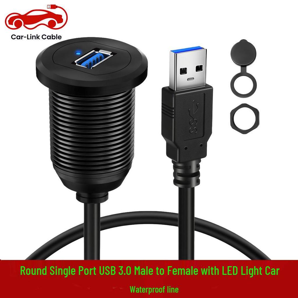 Waterproof Aluminum Alloy USB 3.0 Male To Female Cable with LED for Car, Motorcycle, Boat Dashboard