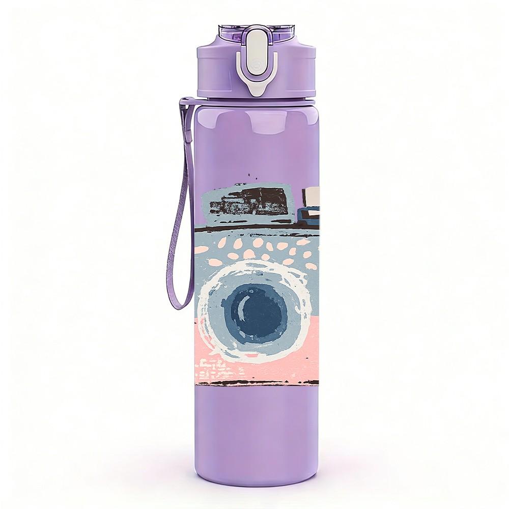 1PC Retro Pink Pastel Camera Print 750ml Color Plastic Sports Water Bottle Leakproof Flip Straw Lid Suitable for Sports Office Home Use