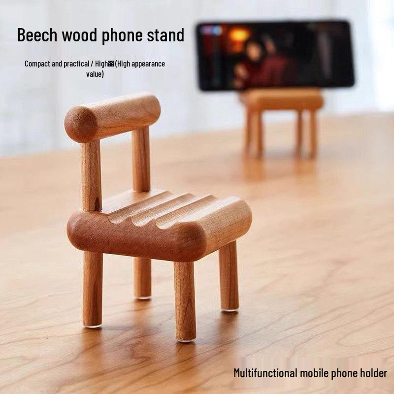 Solid Wood Mini Chair Phone Holder - Beech Creative Desktop Ornament & Airbag Stand