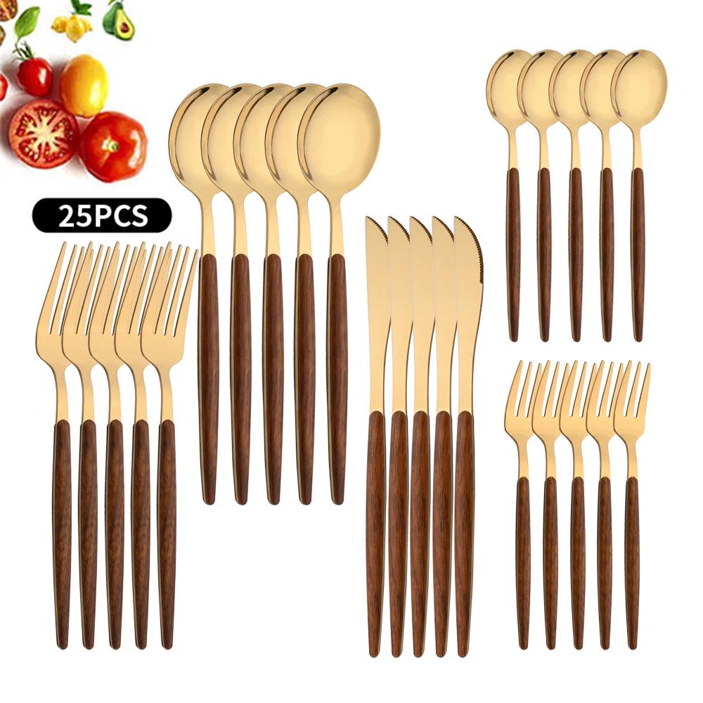 11Pcs Stainless Steel Imitation Wooden Handle Cutlery Set Dinnerware Clamp Western Tableware Knife Fork Tea Spoon Flatware Set