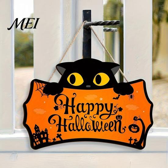 Autumn Festival Wall Ornaments Halloween Wooden Door Hanging Plaque, Printed Black Cat Pumpkin Castle Spider Web Front Cute Party Supplies Sign,