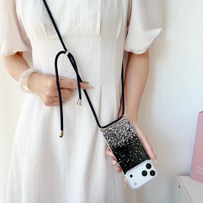 Puzdro s crossbody šnúrkou, priehľadné trblietavé pre iPhone 11 12 13 14 15 16 17 Pro Max XR X XS, kryt s popruhom na krk, lanko, zadný obal