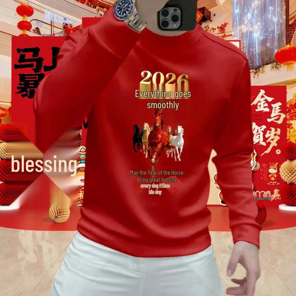 2026 Men's Year of the Horse Crewneck Hoodie: Trendy Winter Velvet Casual Long Sleeve Top