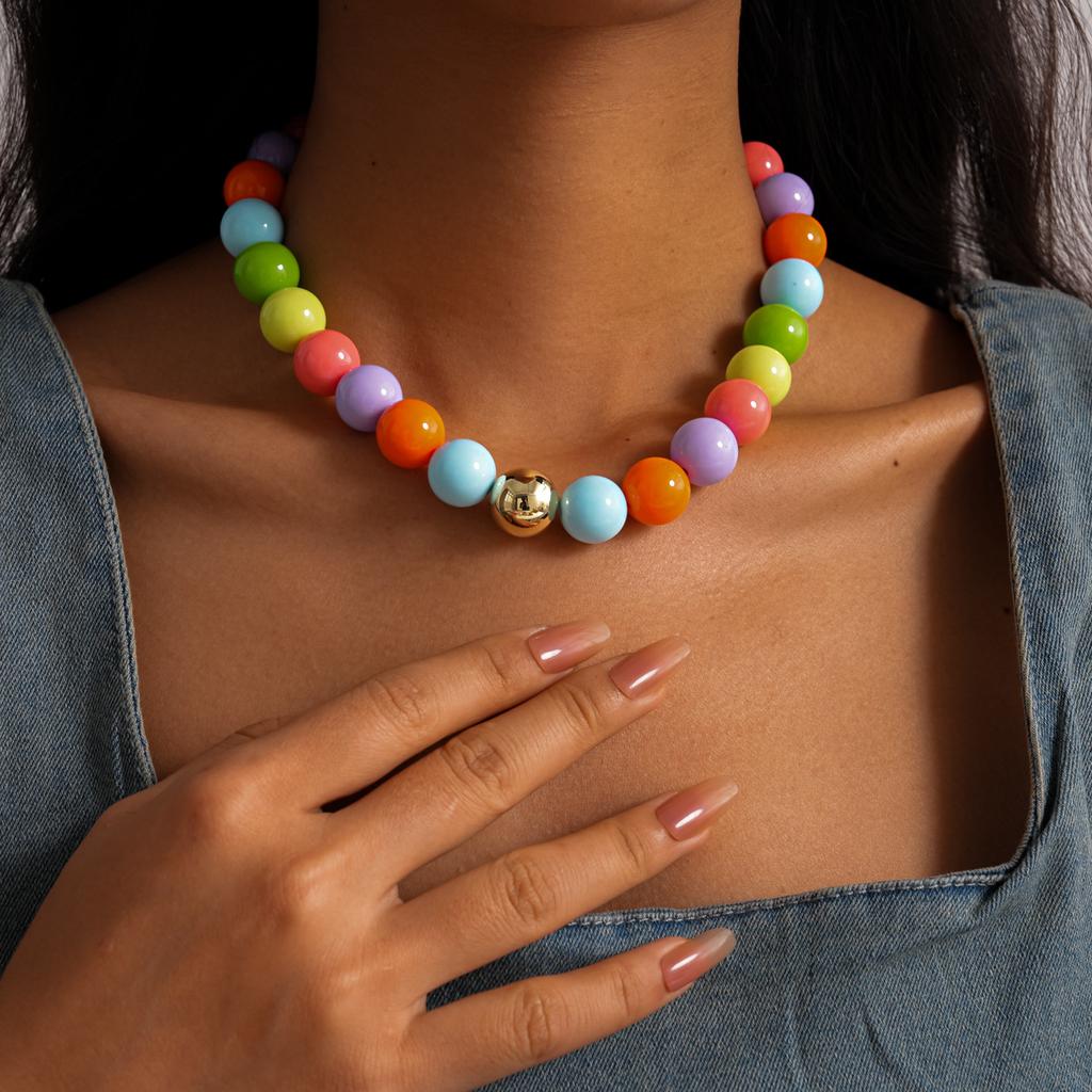 Einfacher Modischer Bunter Dopamin Acryl Runder Perlen Halskette Armband für Frauen Sommerurlaub Schmucksets Zubehör Geschenke