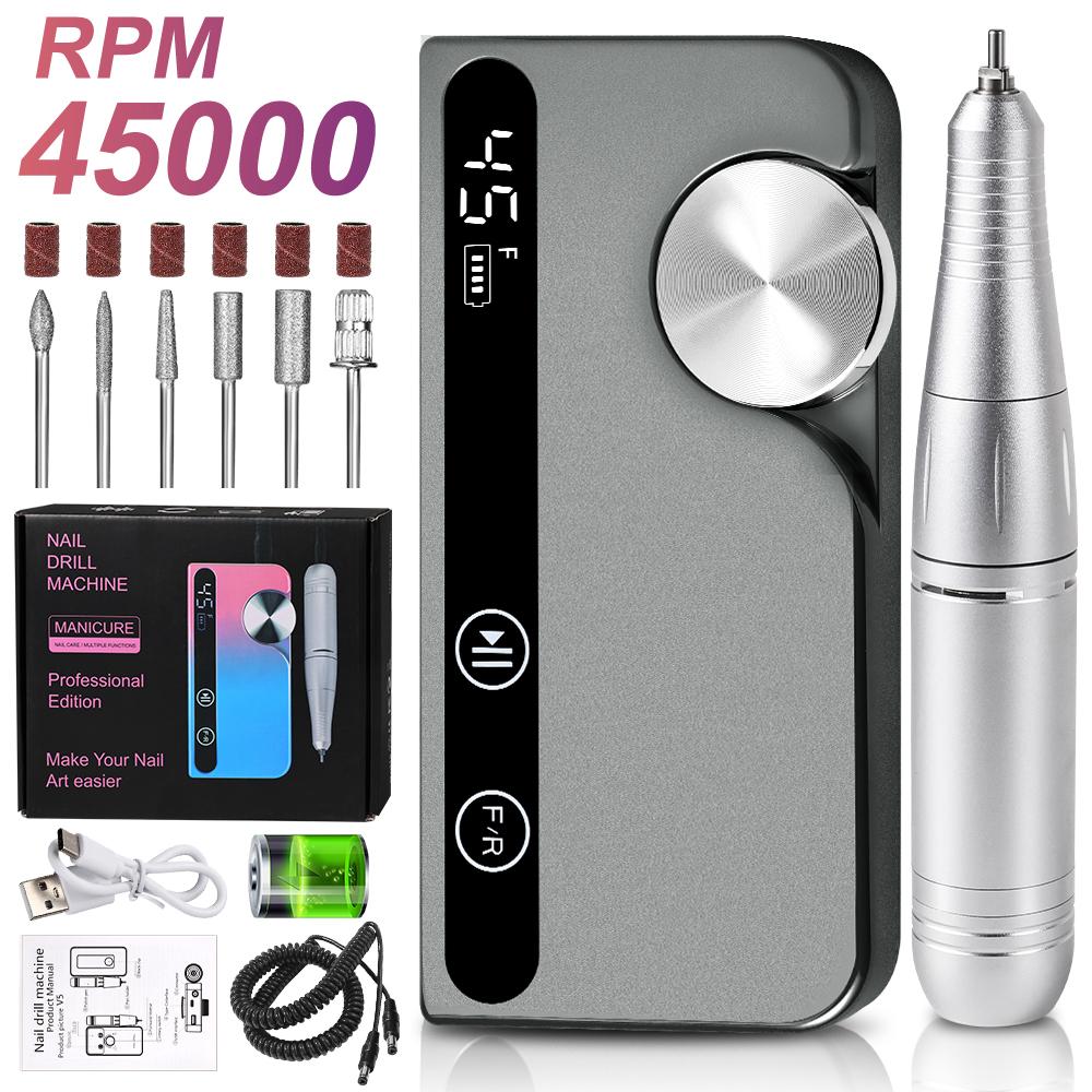 

45000RPM Rechargeable Nail Drill Professional Low Noise Polishing Nail Machine Suitable for Gel Nail Polish Polishing Tool USB серый