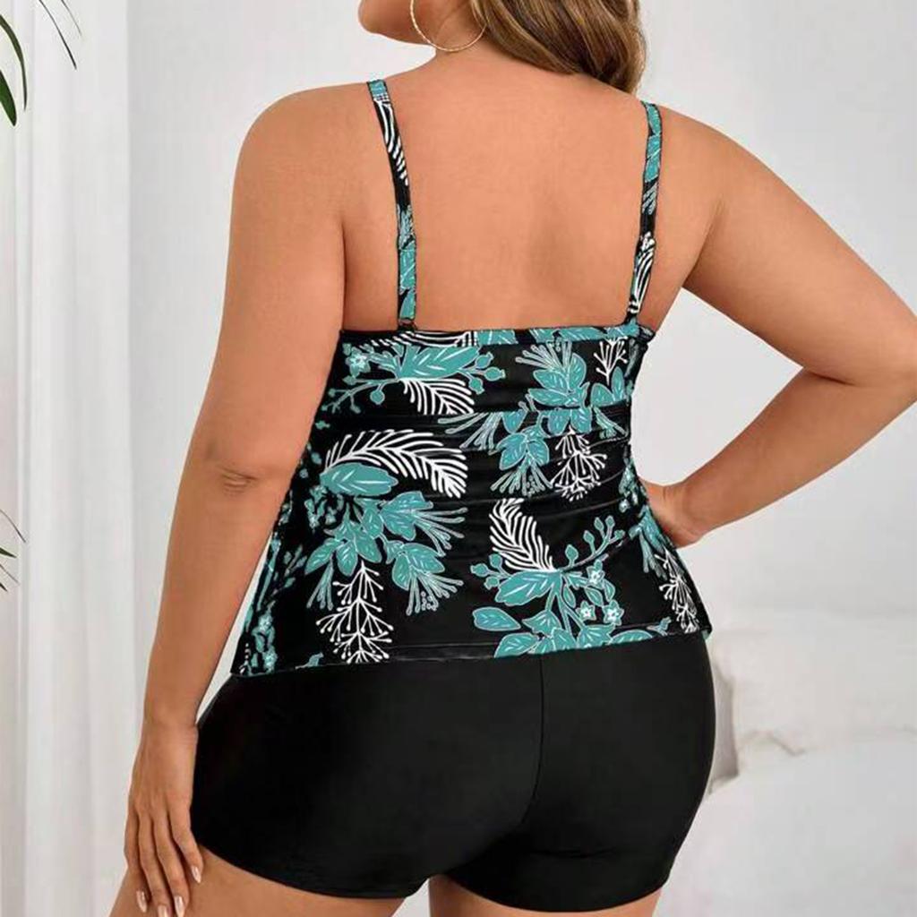 Women’s Plus Size Two Piece Tankini Swimsuit with Leaf Print Ruffled Layered Top and Adjustable Straps Swim Shorts Set