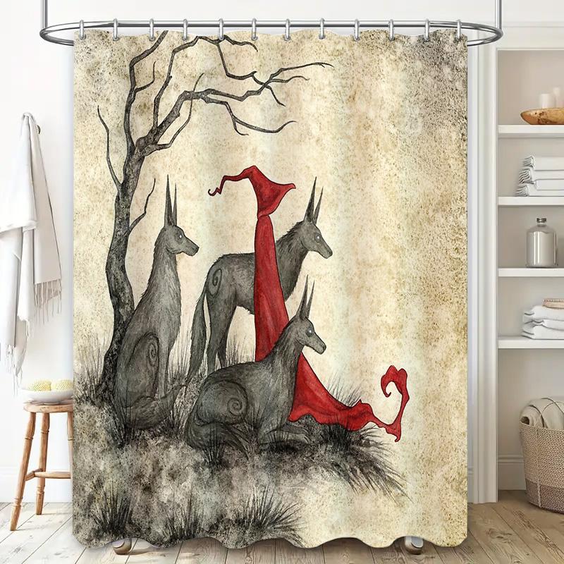 Wolf Forest Gothic Horror Shower Curtain Dark Fantasy Halloween Decor Tapestry Backdrop
