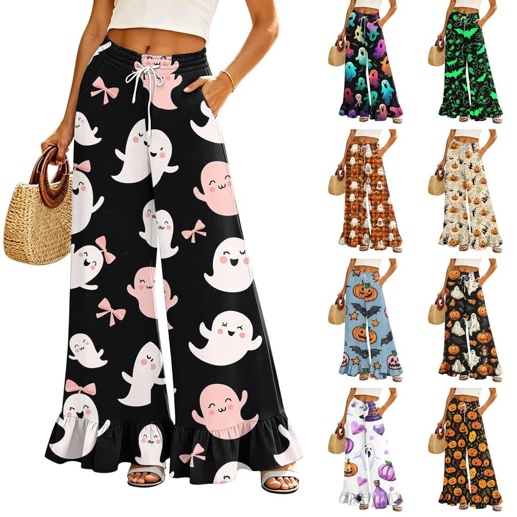 Women's Wide Leg Pants with Pockets Halloween Print High Waist Drawstring Casual Loose Fit Long Trousers for Everyday Wear