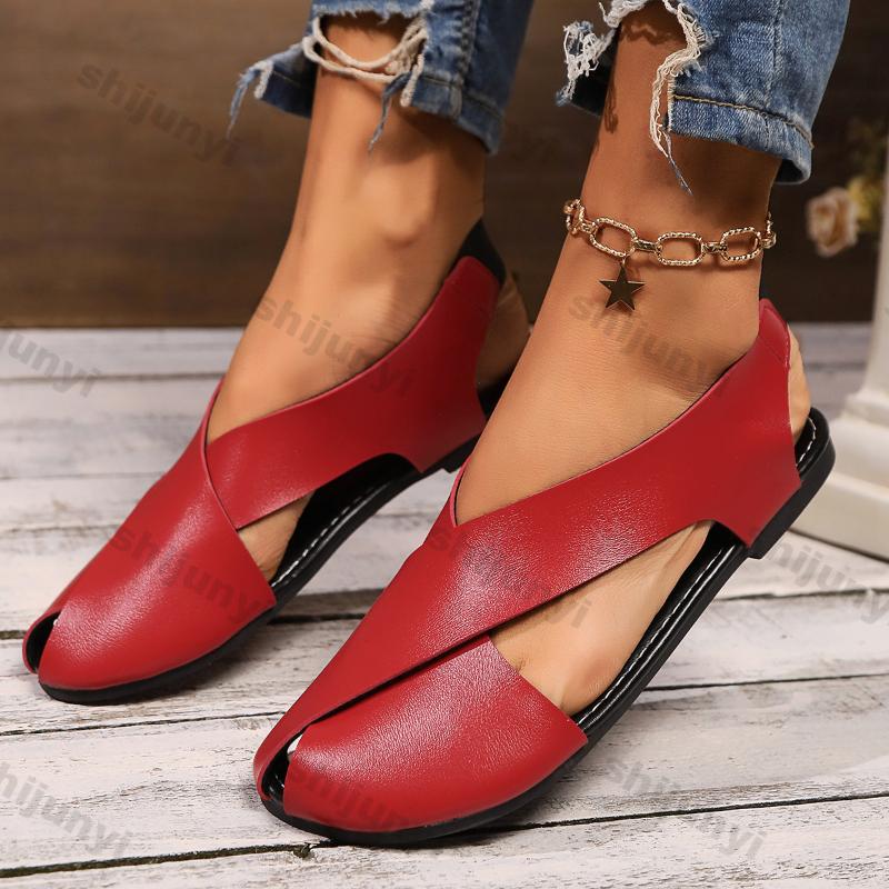 Fashion Casual Flat Sandals for Women 2026 Summer New Flat Female Cross Soft Leather Elastic Band Roman Beach Shoes Plus-size 43