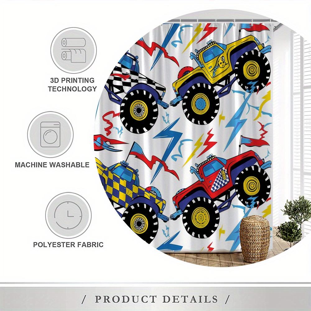 Monster Truck Shower Curtain – Playful Cartoon Cars, Bold Colors & Lightning Design, 70X70In, Polyester, Includes Hooks