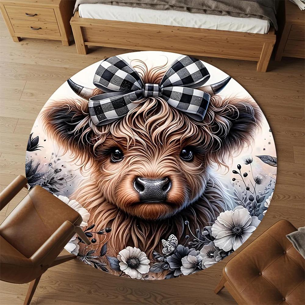 1PC Cow Bow Flowers Round Chair Mat Area Rug - Non-Slip, Floor Mat for Office, Bedroom, Home Decor Christmas Gift C0528033