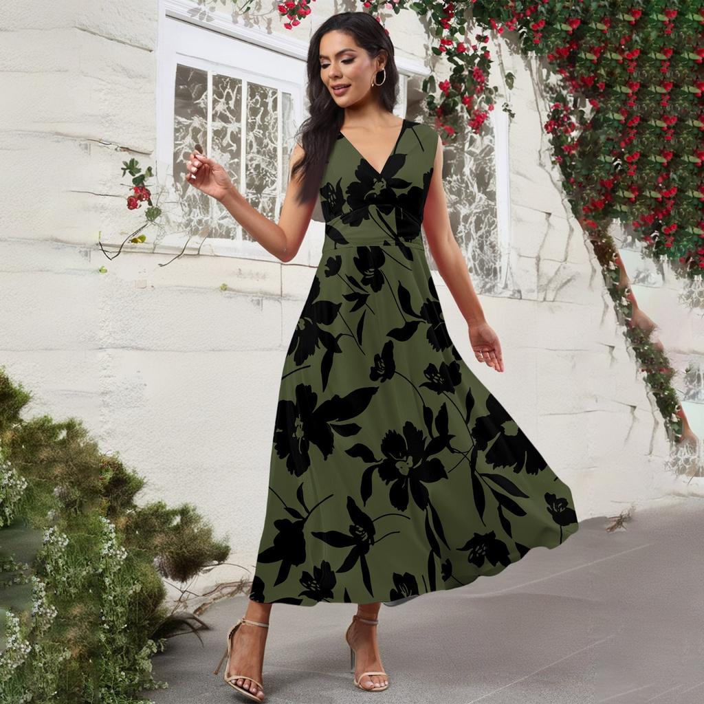 Women's Casual And Fashionable Floral Print V-Neck Sleeveless Dress Sleeveless Dress