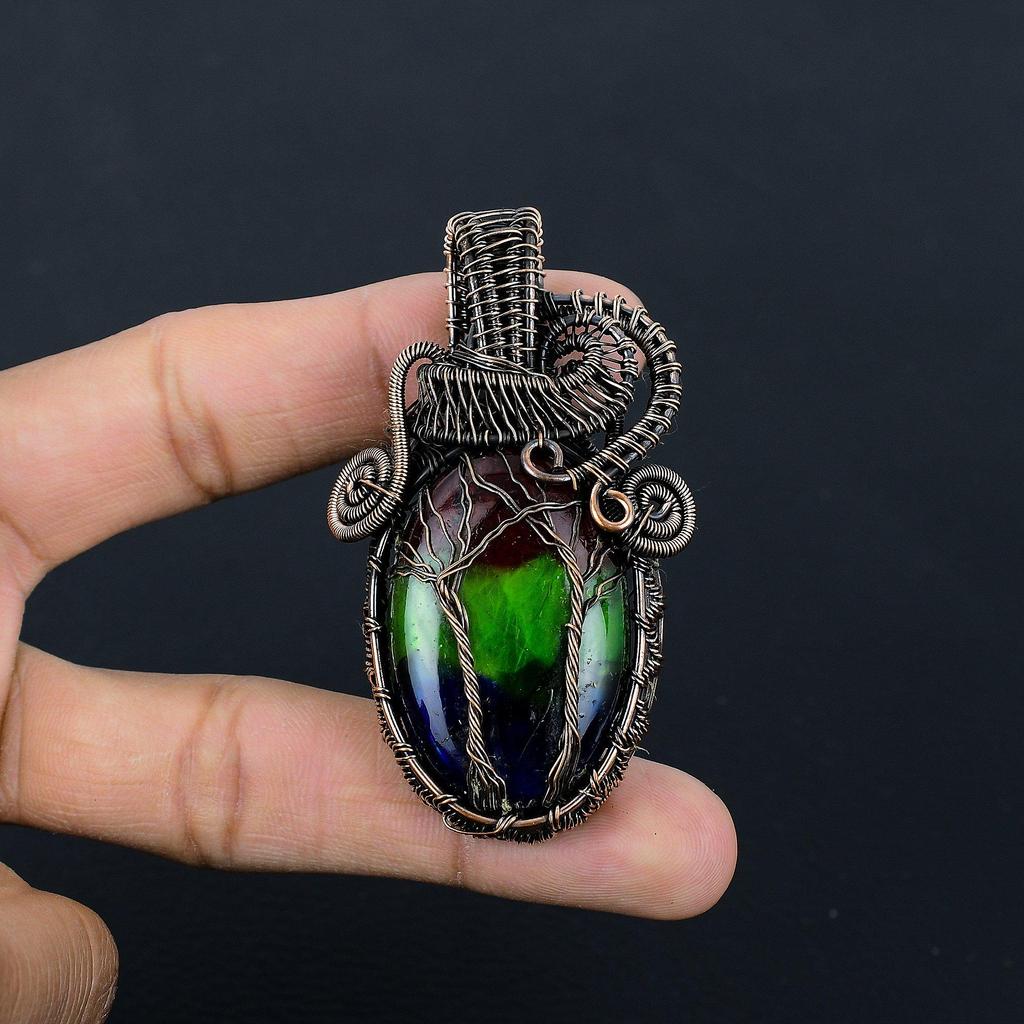 Tri Color Labradorite Pendant, Handmade Gemstone Pendant, 999 Copper Wire Wrapped Pendant Antique Jewelry, For Engagement Gift