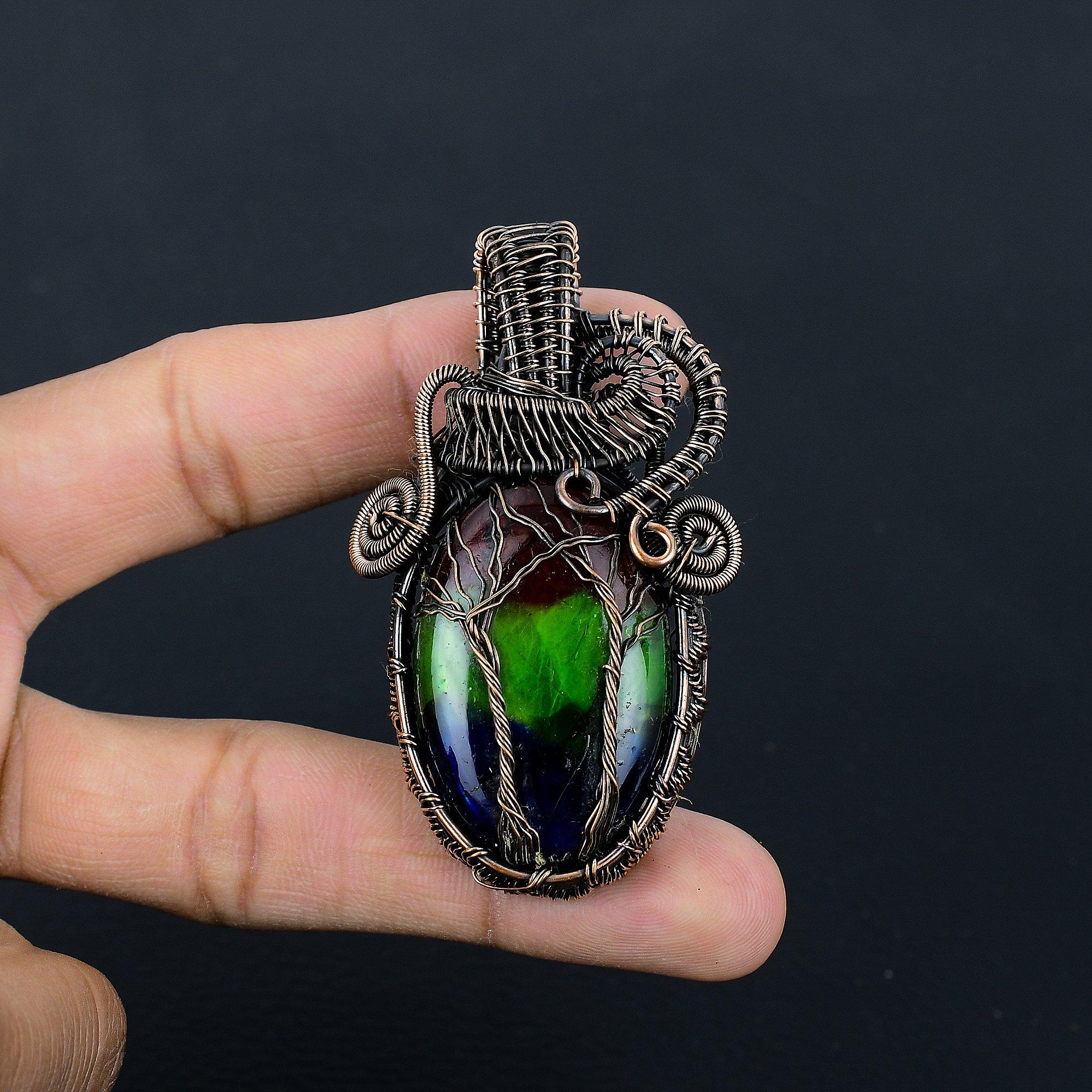 

Tri Color Labradorite Pendant, Handmade Gemstone Pendant, 999 Copper Wire Wrapped Pendant Antique Jewelry, For Engagement Gift 2.55 Inches