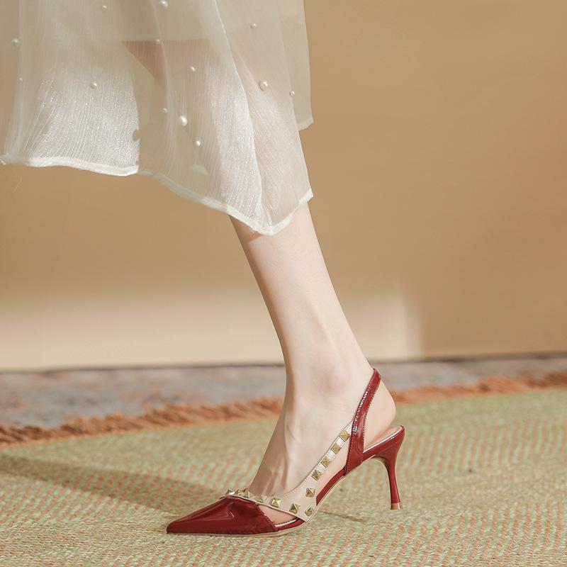 H1933-1 burgundy pointed high-heeled sandals half-bag head rivet-trimmed stiletto women's shoes patent leather solid color summer single