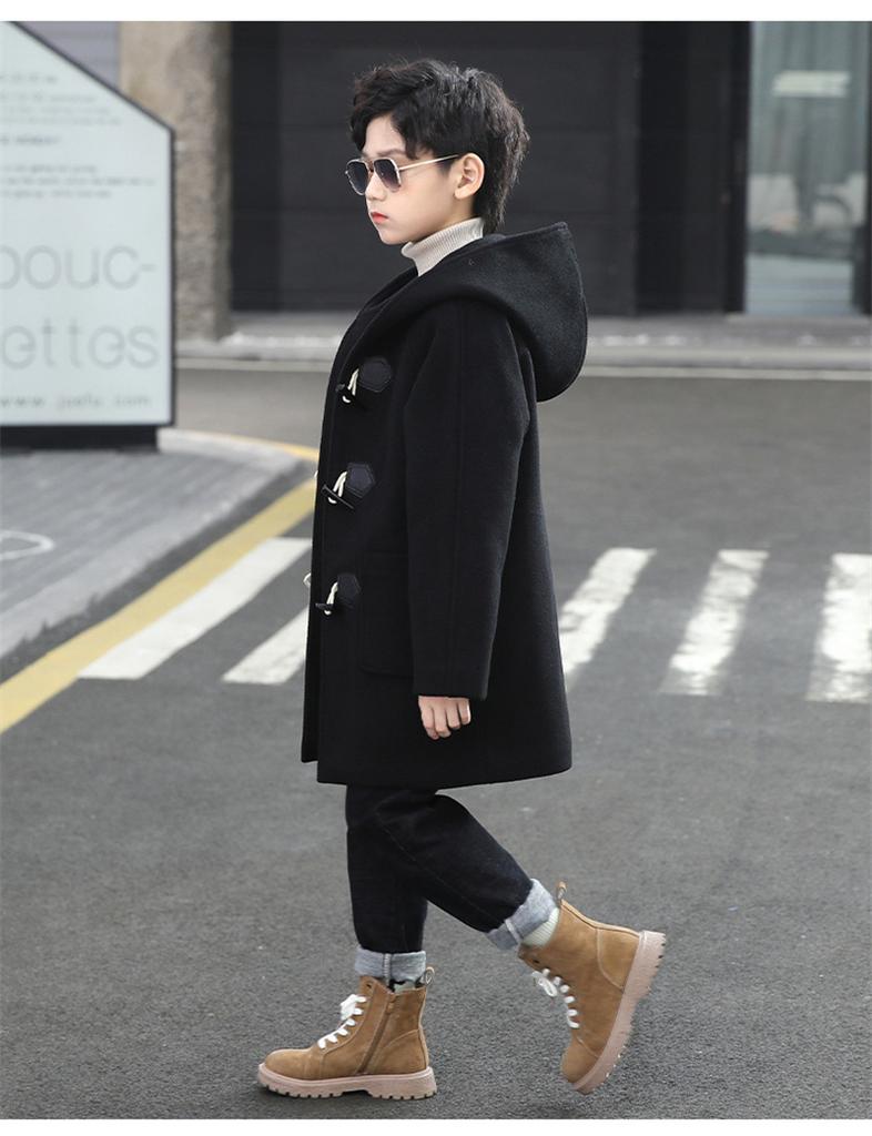 Jungen Wollmantel Wintermode Kapuzenjacke Solide Einreihig Plus Baumwolle Warme Oberbekleidung Kinder Hochwertiger Parka