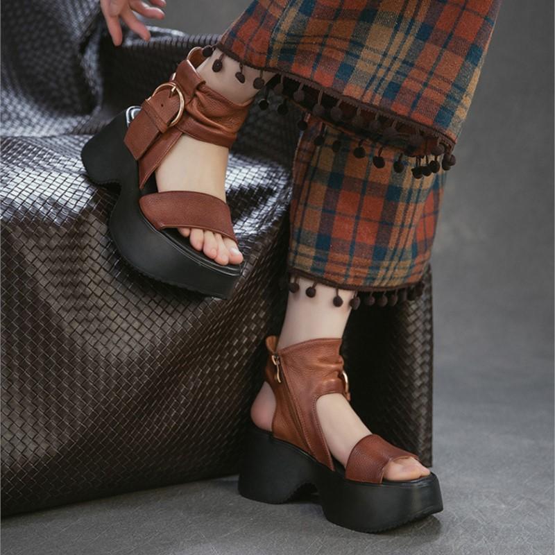 Johnature Thick Soled Sandals Genuine Leather Side Zipper Height Increasing Women's Platform Shoes