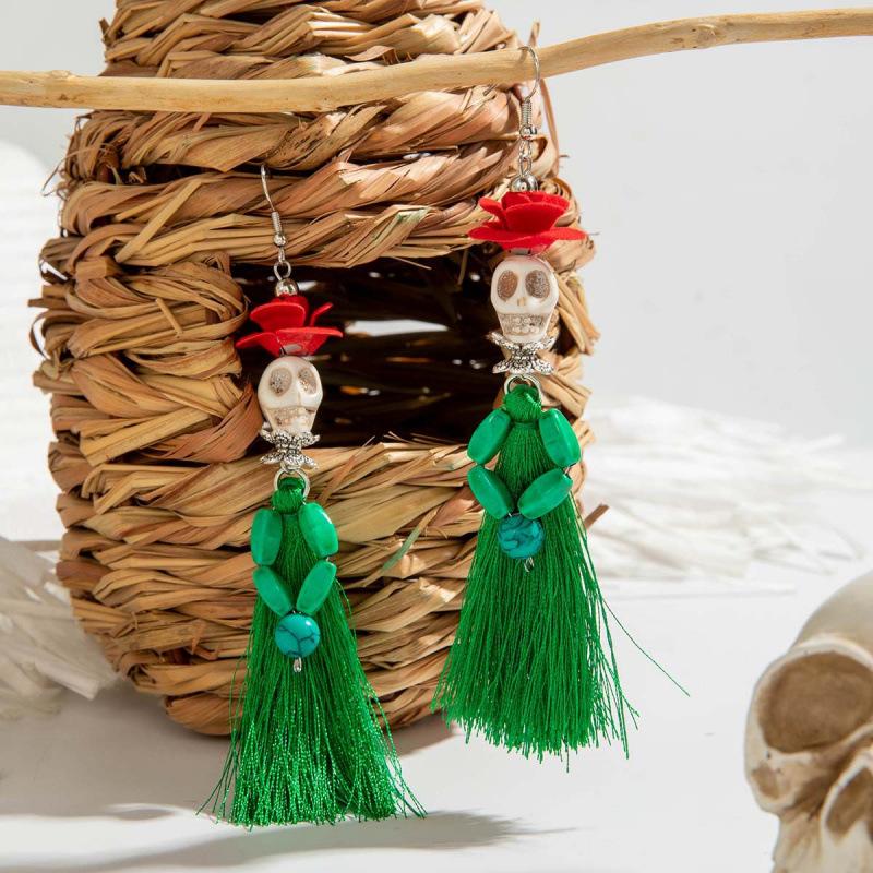 Halloween, Divertenti Divertenti Orecchini con Tassel Teschio Perline di Riso Creativi Orecchini a Rosa
