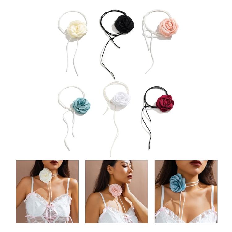 Fabric Flower Choker Necklace Long Tied Rope Lock Collarbone Chain Gift for Girl