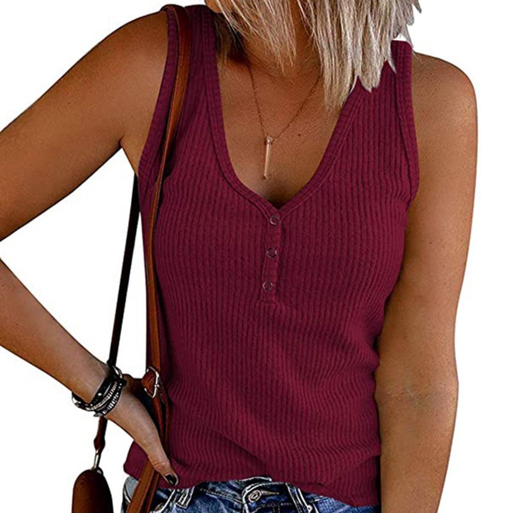 Summer New Solid Color V-neck Button Front Knit Tank Top, Women's Sleeveless Casual Top for European American