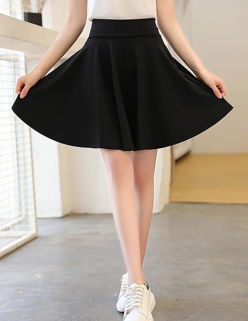 Sharphon Black Flared Length Elastic Korean with Inner High Mini Solid Perfect for and Everyday REI211 Skirt, 45cm, Waist, Style, Pants, Waist,