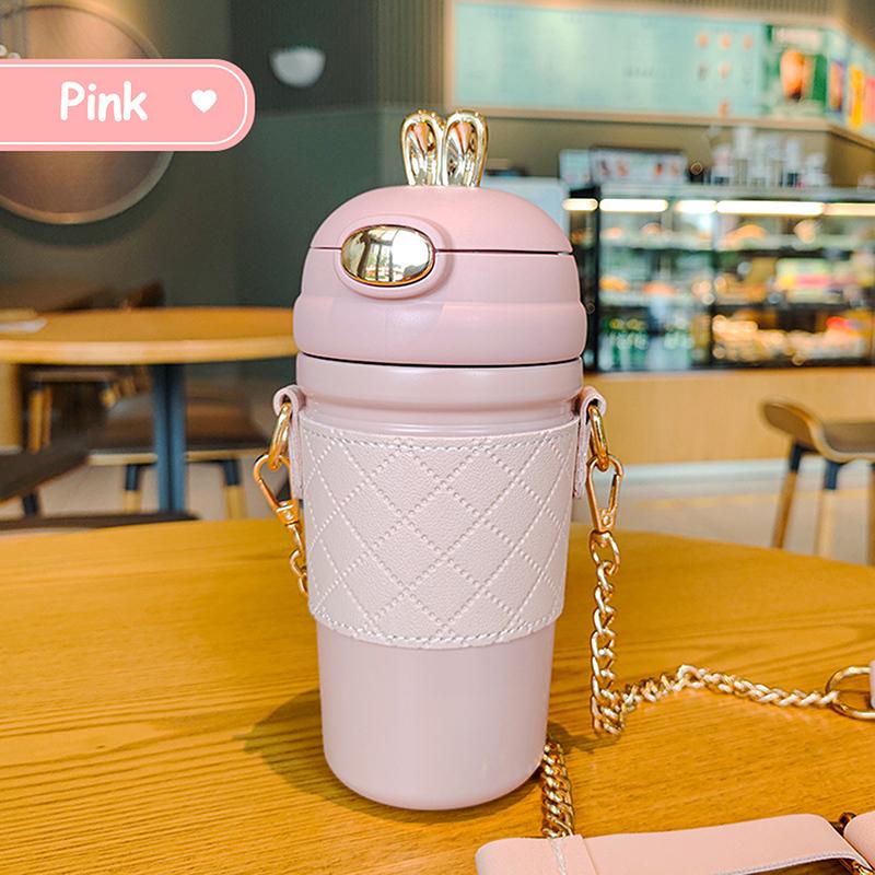 

Милая кружка-термос с трубочкой в виде кролика из нержавеющей стали 304, чашка для воды через плечо, женская подарочная чашка Gaomei розовый