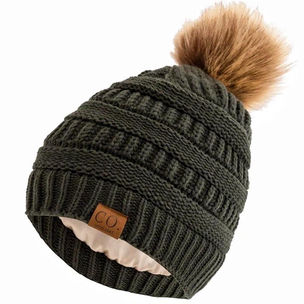 New Anti-Static Beanie Hat Satin Lined Faux Fur Pom Pom Beanies Hat For Woman Winter Warm Knit Hats