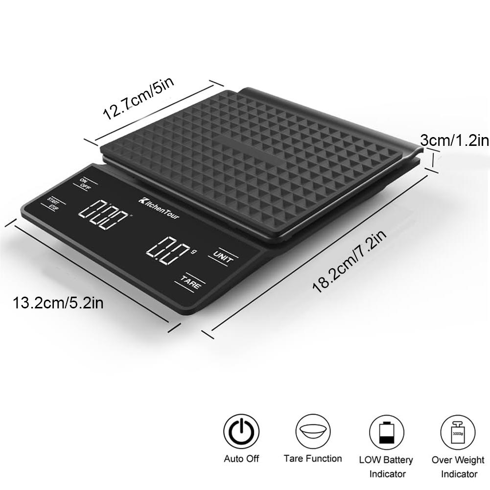 Digital Coffee Scale with Timer 3kg/0.1g Kitchen Weighing Scale High Precision Digital Kitchen Food Scale Portable Coffee Scale