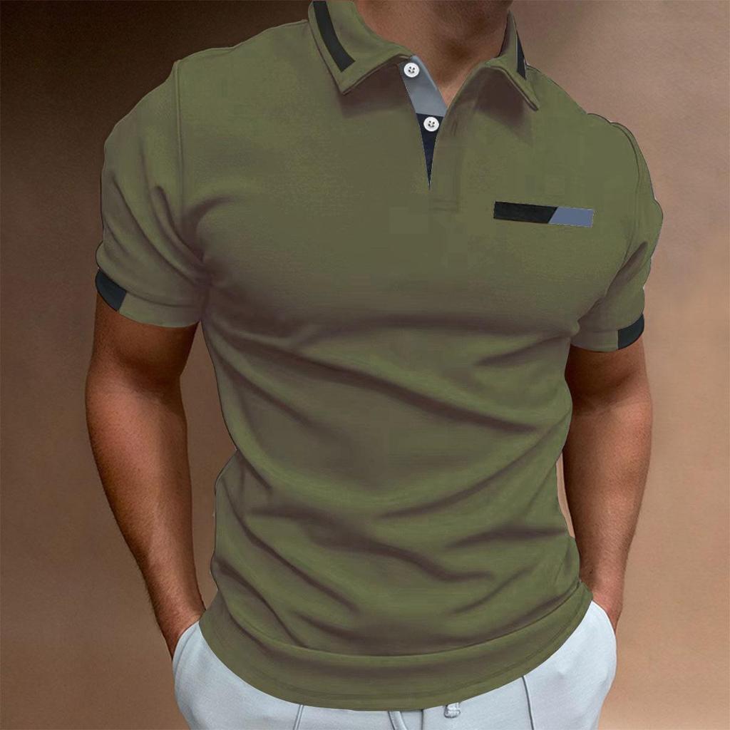 New Men's Casual POLO Shirt Chest False Pockets Lapel Buttons Business T-shirt Tops Male