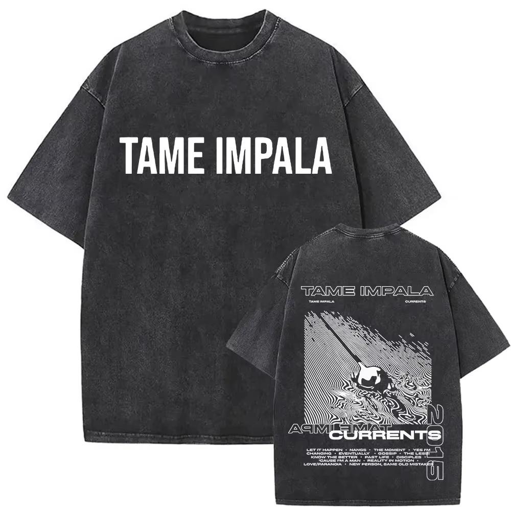 Tame Impala Tour Album Vintage Washed Tshirt Mens Hip Hop Gothic Tshirts Casual Oversized Short Sleeve T Shirt Streetwear