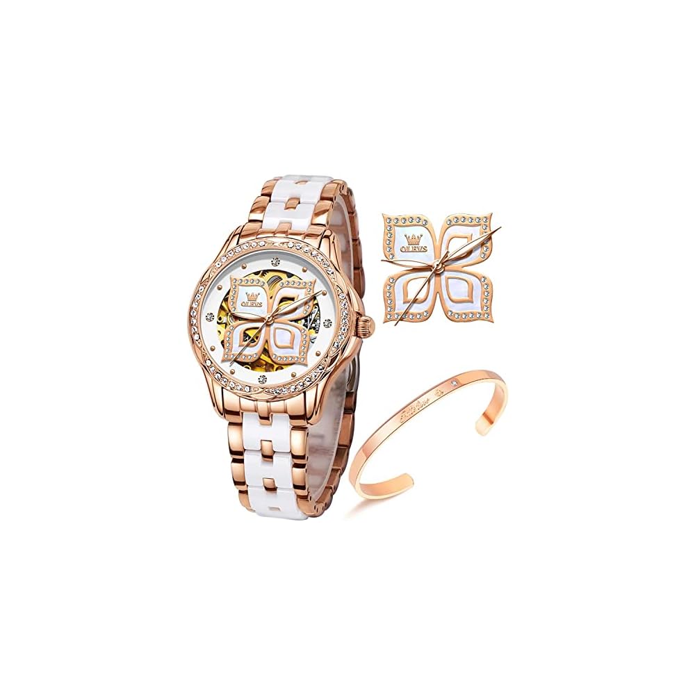 OLEVS Women s Ceramic Waterproof Mechanical Watch with Date White Bracelet