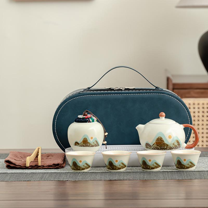 

Легкий роскошный дорожный чайный набор Qingshan, распускающийся фарфор Ru, чайник и четыре чашки, портативный дорожный чай