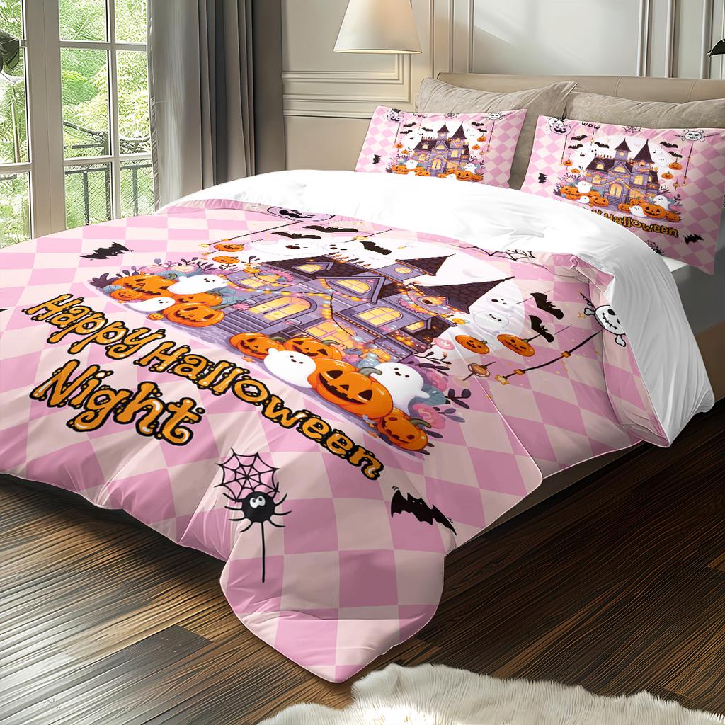 3-piece Halloween Pink Ghost, Castle Pattern, 1 Quilt Cover+2 Pillowcases, Coreless, Soft and Comfortable Duvet Cover Set