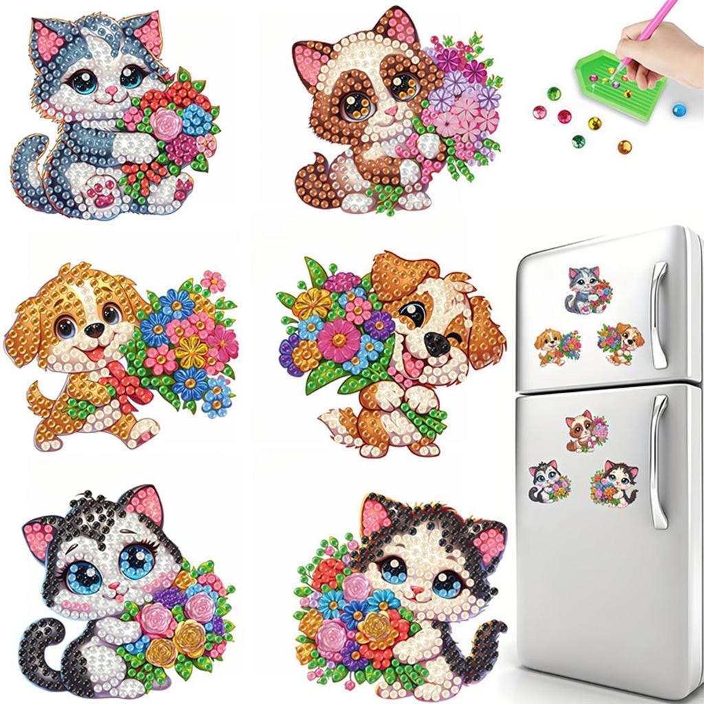 6pcs 2D/flat Acrylic DIY Diamond Art Fridge Magnet Kit DIY Art Fridge Magnet Refrigerator Sticker Magnetic Diamond Art Decor