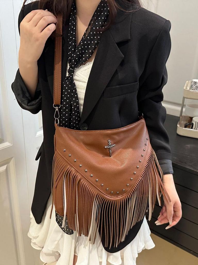2025 Women's Rivet Soft Leather Tassel Crossbody Bag