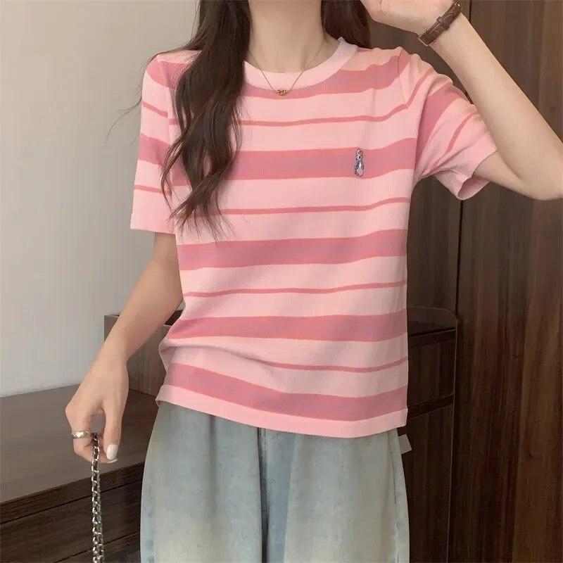Vară fată tânără dungi desen animat broderie Pulovere Tricou coreean Femei Casual larg Mânecă Scurtă student Tricouri y2k top Streetwear Feminin