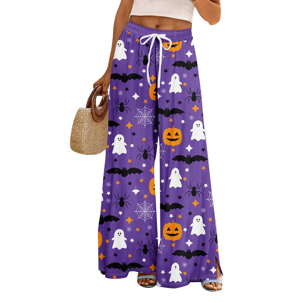 Damen Sommer Boho Palazzo Hose Hohe Taille Weites Bein Halloween Druck Lässige Hose mit Taschen