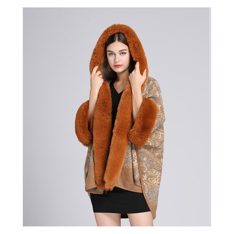 Winter Women Shawl Cape Fur Collar Jacquard Hood Plus Size Seven Point Sleeves Tweed Jacket Cardigan