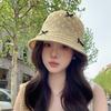 Portable Solid Color Women Fisherman Hat Weave Straw Bow Bucket Hat Korean Style Wide Brim Sunscreen Visor Cap Outdoor