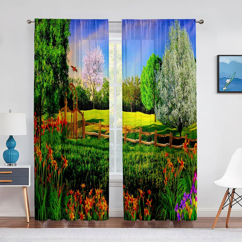 Garden Tulip Flower Field Trees Sheer Voile Curtains for Living Room Bedroom Balcony Party Decor Tulle Curtains Window Treatment