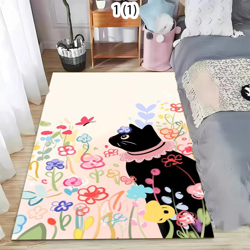 Black Cat & Flower Area Rug Non-Slip Washable Floor Mat with Watercolor Print Kids Themed Carpet for Bedroom Nursery Playroom