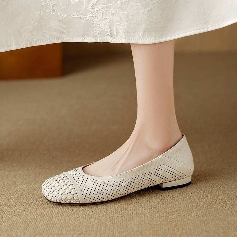 Krazing Pot Cow Skin Weaving Summer Size 41 Low Heels Party Shoes Women Square Toe Gladiator Mixed Color Hollow Out Pumps