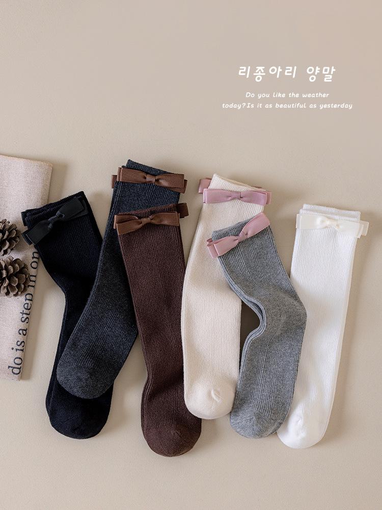 Dziewczęce skarpetki do kolan z kokardkami - Styl koreański na wiosnę/jesień, bawełniane, design księżniczki