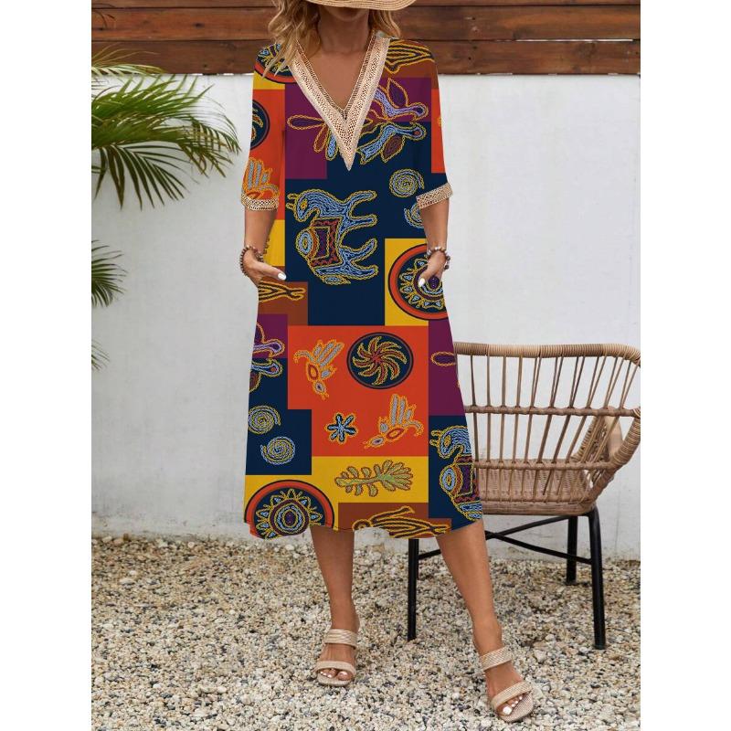 Damen Frühling/Sommer Bedrucktes Kurzarmkleid Spitze V-Ausschnitt Locker Swing Kurzarm Mittellanges Kleid